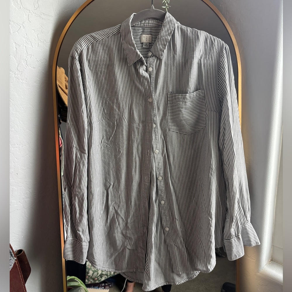 Dark gray and white striped button up shirt